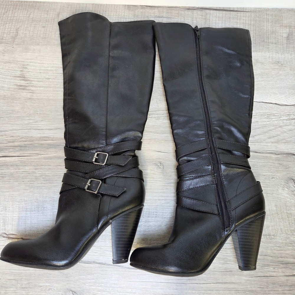 Kristian Women 6.5 Black Faux Leather Knee Riding Boots Buckle Cone Heel Zip